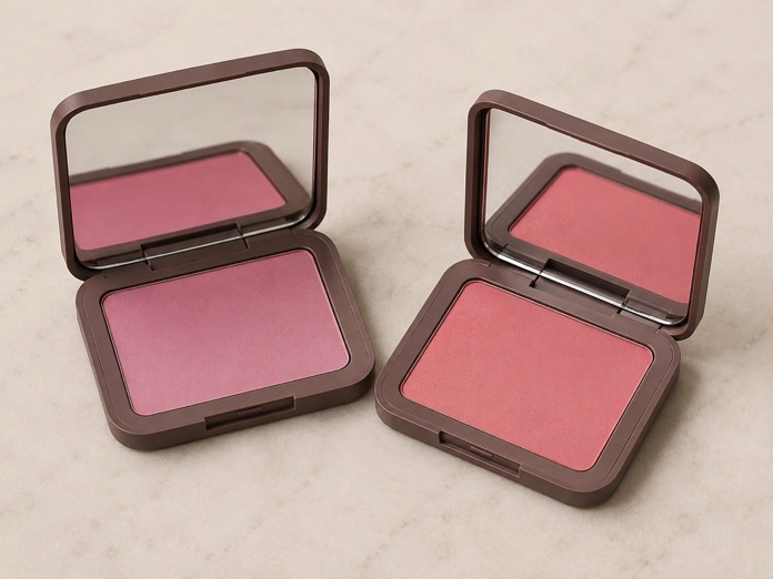 Makeup products arranged on a neutral surface