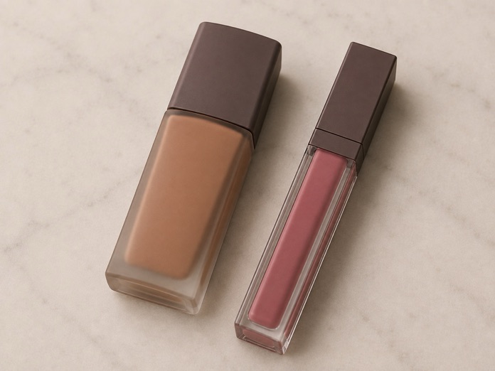 Makeup products styled together on a neutral surface