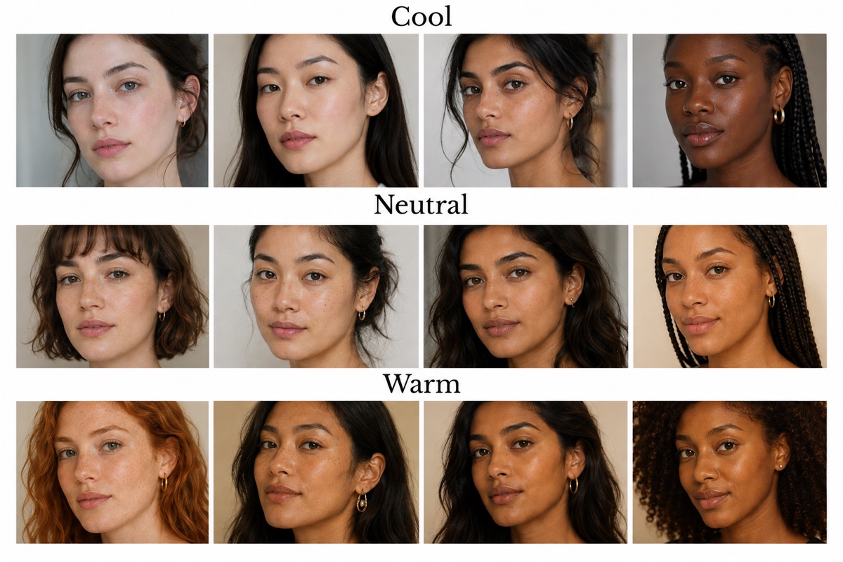 Examples of skin showing strong orange warmth, some orange, and no visible orange