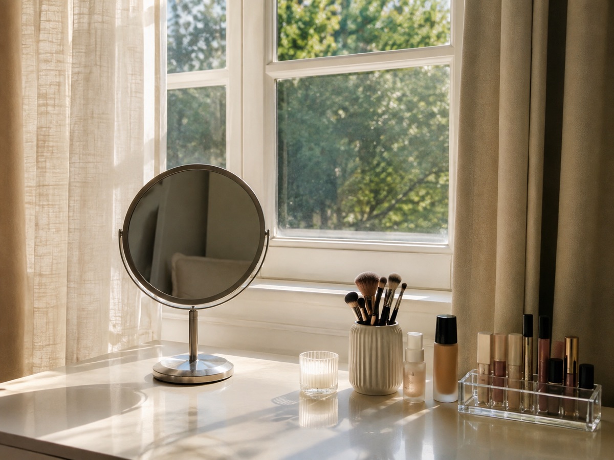 Sitting beside a window in natural light, looking into a hand mirror