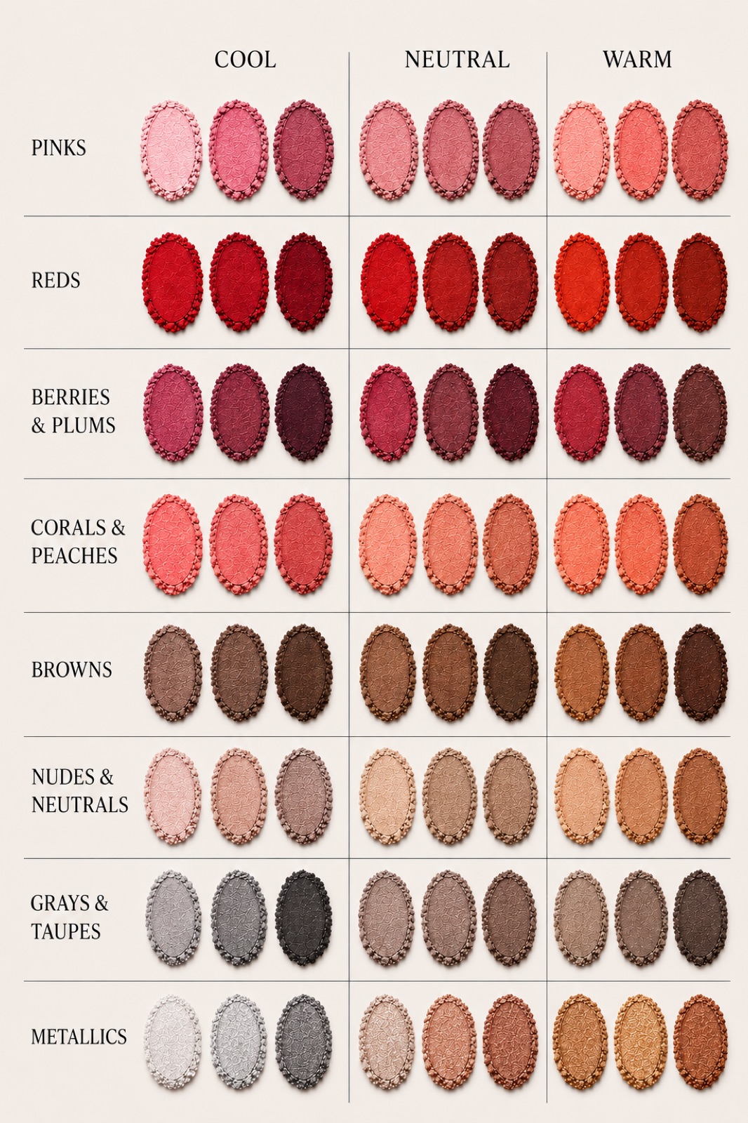Comparison chart of makeup shades in cool, neutral and warm columns across eight color families: pinks, reds, berries and plums, corals and peaches, browns, nudes and neutrals, grays and taupes, and metallics