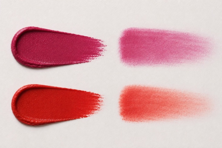 A red shade sheering out to reveal a cool base, beside a red shade sheering out to reveal a warm base