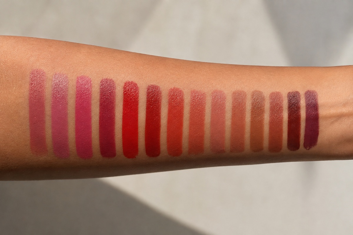 Several makeup shades swatched directly beside one another for comparison