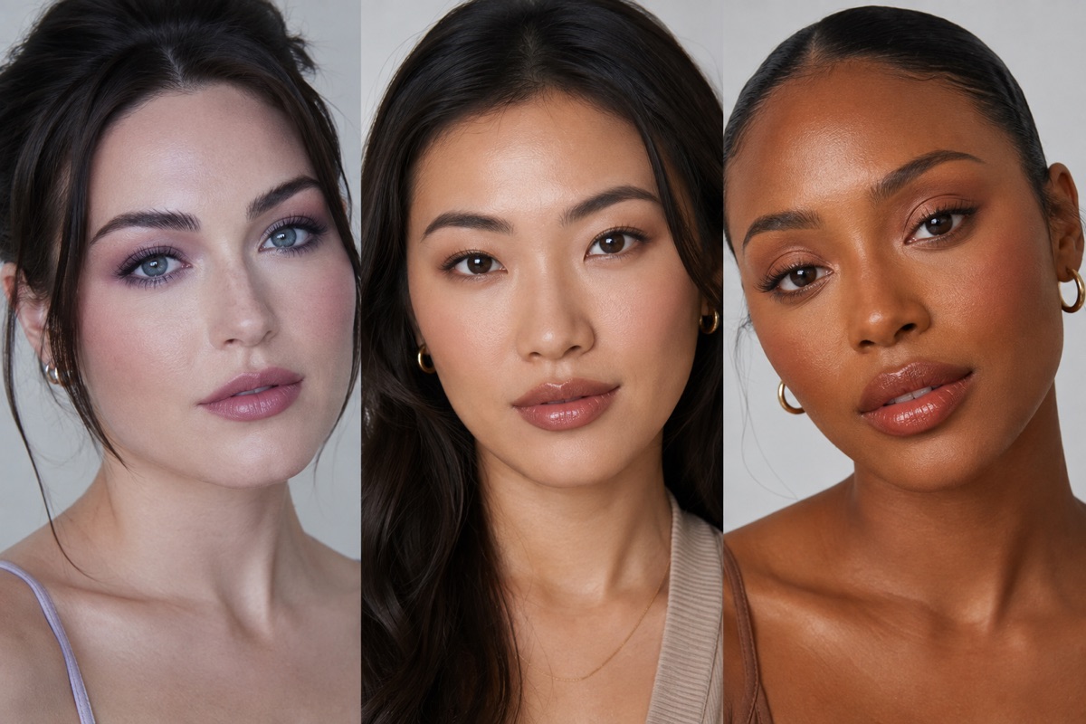 Three faces with cool, neutral and warm undertones, each wearing makeup matched to their own undertone