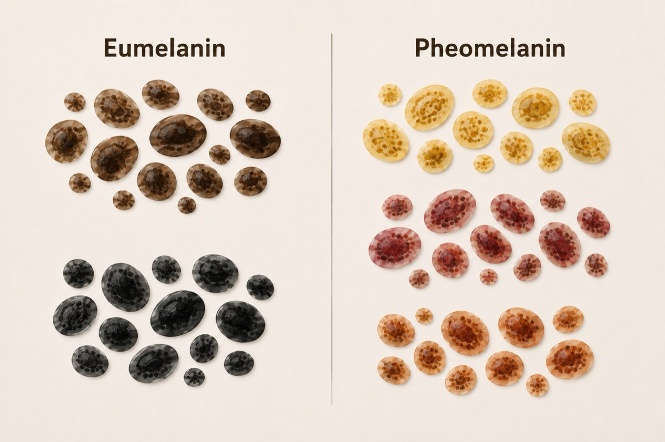 Diagram of eumelanin and pheomelanin pigment and the colors each produces