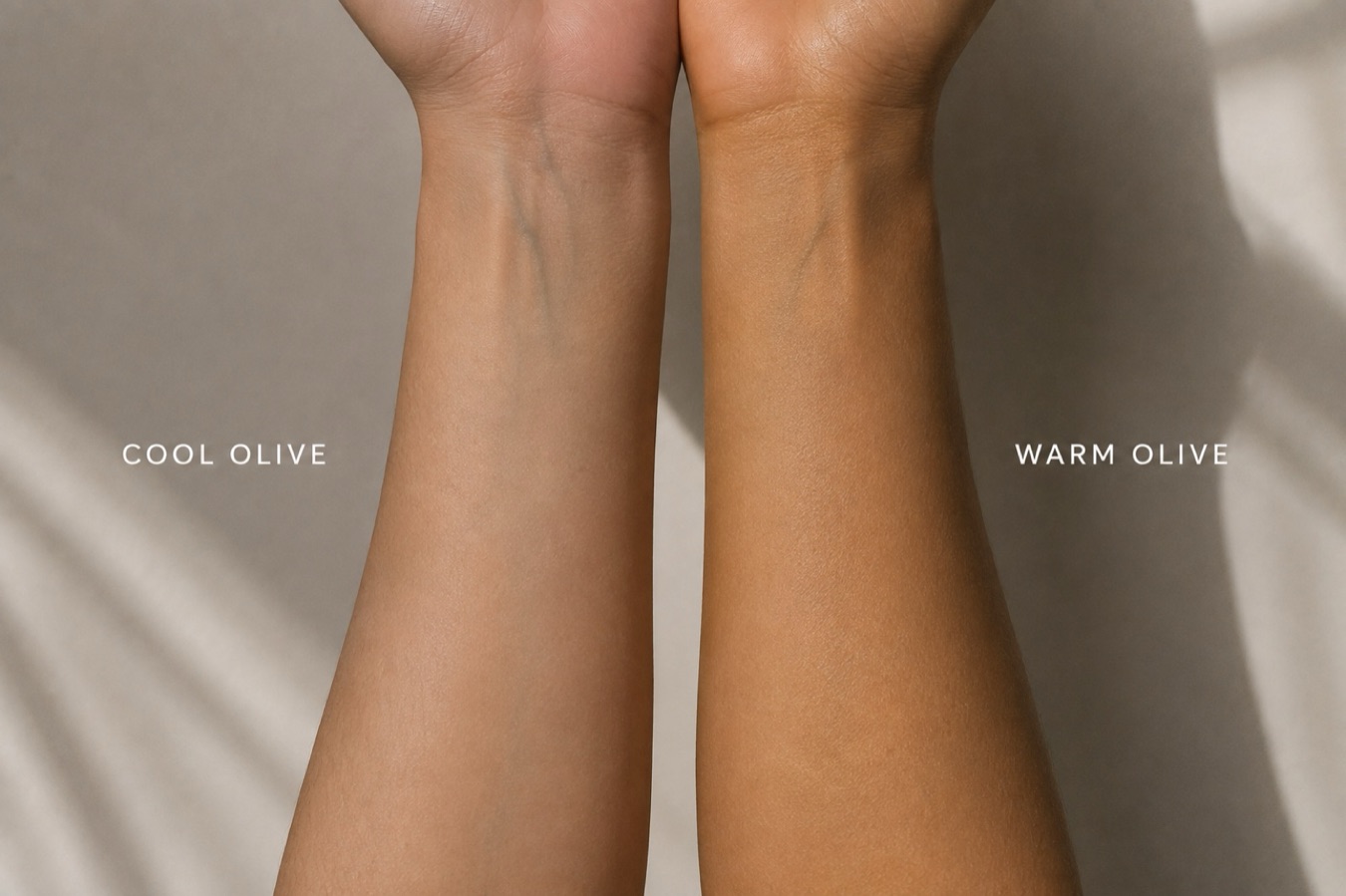 Two forearms side by side, both olive, one labelled cool olive and the other warm olive