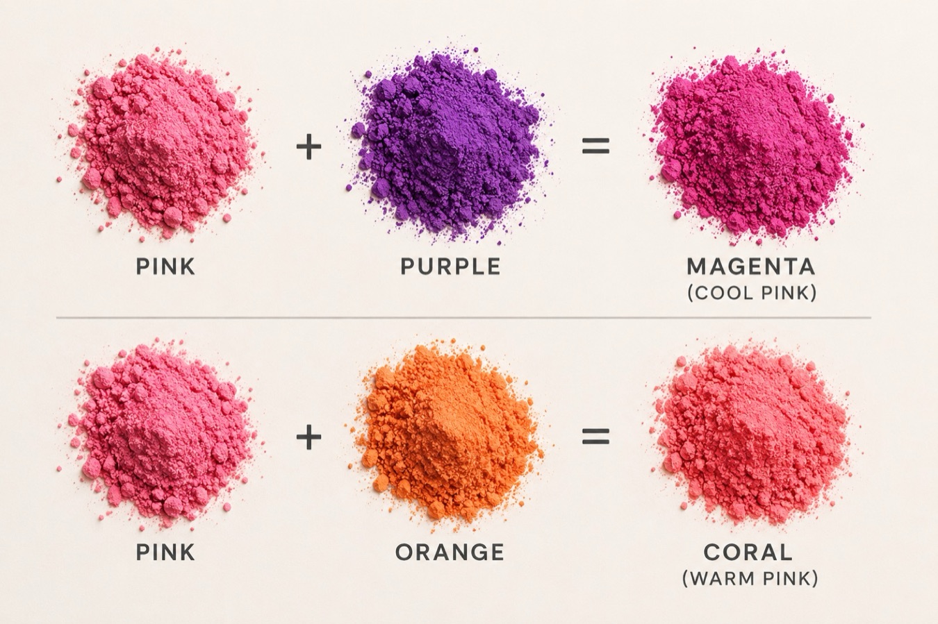 Pink pigment plus purple making magenta, a cool pink, and pink pigment plus orange making coral, a warm pink