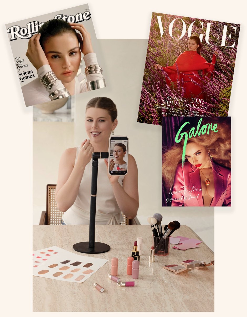A collage of Melissa Murdick's work: Rolling Stone and Vogue México covers featuring Selena Gomez, a Galore cover featuring Kim Petras, and Melissa filming herself swatching shades at a table of lipsticks and brushes